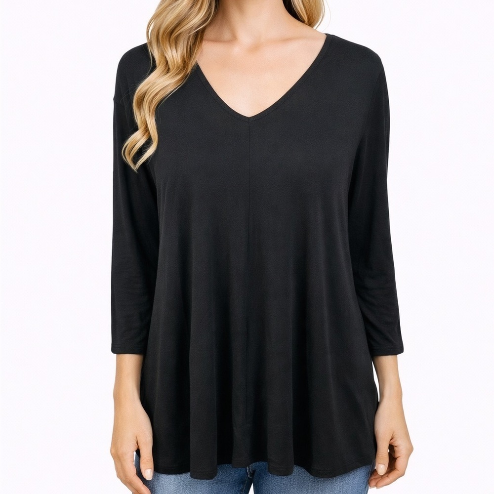 Comfy USA Black Tunic Top Hi Low Hem V-Neck Lagenlook Chic Flattering Size XL